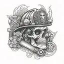 Design a skull wearing a firefighter helmet surrounded by tools and tire tracks, showcasing your dedication to both firefighting and car mechanics tattoo design idea