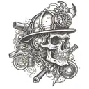 Design a skull wearing a firefighter helmet surrounded by tools and tire tracks, showcasing your dedication to both firefighting and car mechanics tattoo design idea