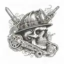 Design a skull wearing a firefighter helmet surrounded by tools and tire tracks, showcasing your dedication to both firefighting and car mechanics tattoo design idea