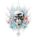A video game controller morphing into a skull surrounded by flames tattoo design idea