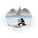 A welder creating a beach landscape with mountains in the background tattoo design idea