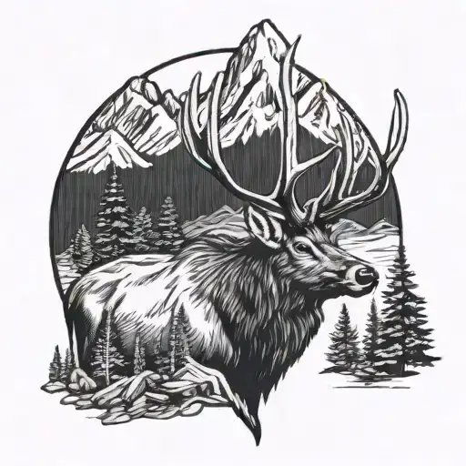 mtns and elk head tattoo design idea