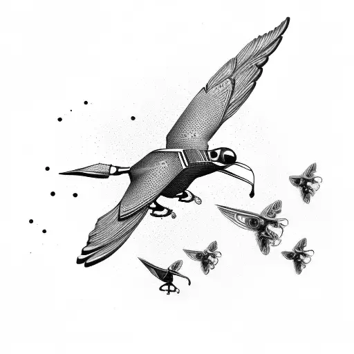 four small-sized flying ai futuristic robotic birds on the right side neck tattoo design idea