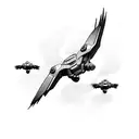 four small-sized flying ai futuristic robotic birds on the right side neck tattoo design idea