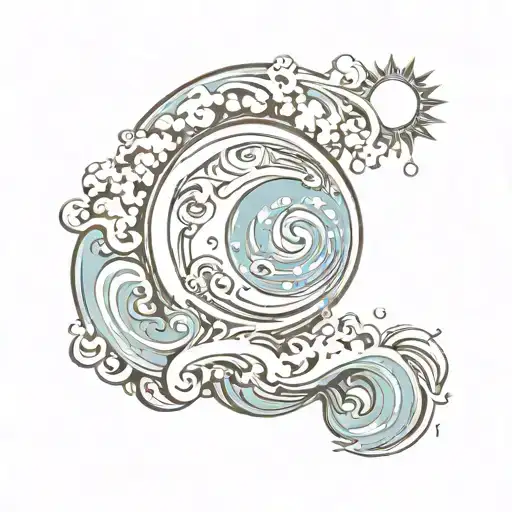 wave, sun, moon, number 13 incorporated tattoo design idea