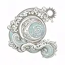 wave, sun, moon, number 13 incorporated tattoo design idea