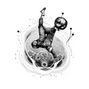 An intricate dotwork design of a breakdancer performing gravity-defying moves with a cybernetic arm tattoo design idea