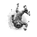An intricate dotwork design of a breakdancer performing gravity-defying moves with a cybernetic arm tattoo design idea
