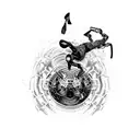 An intricate dotwork design of a breakdancer performing gravity-defying moves with a cybernetic arm tattoo design idea