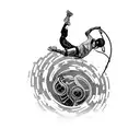 An intricate dotwork design of a breakdancer performing gravity-defying moves with a cybernetic arm tattoo design idea