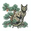 evergreen tree with cat sitting tattoo design idea