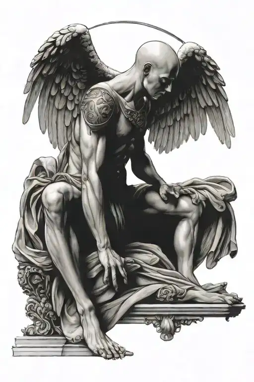 bald angel sitting with one knee up, below the bald angel renaissance styled angel art, icarus falling beside the art tattoo design idea