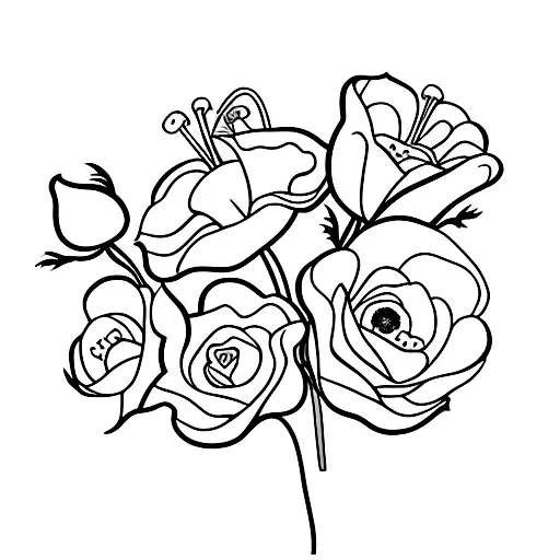 Poppy, Rose,Daisy Lily bouquet tattoo design idea