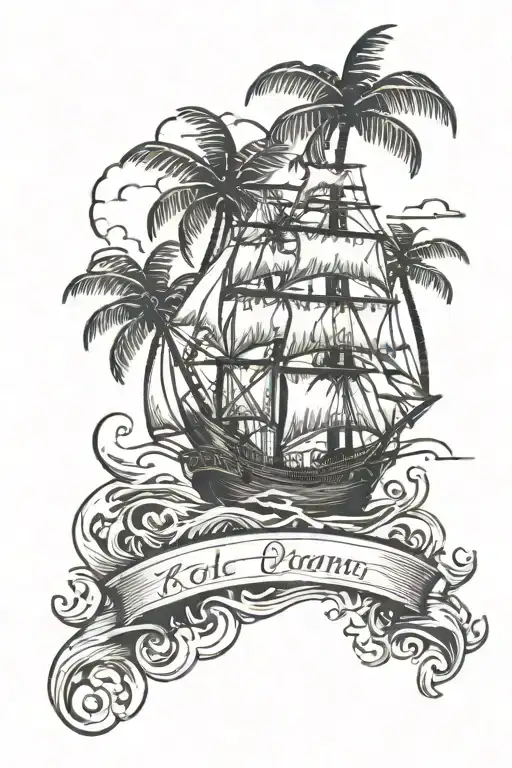 Tall ship and rum bottle and palm trees and waves tattoo design idea