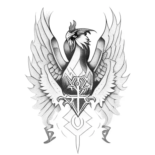 Word "Gryph" in a blackletter or gothic style font joined together with tribal line work tattoo design idea