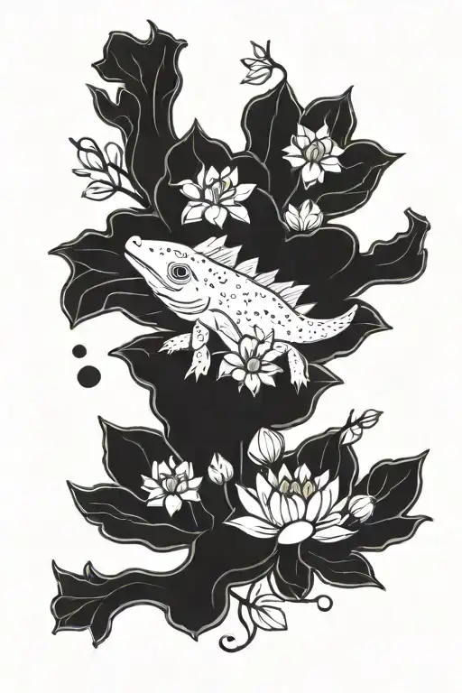 cute axolotl  with lotus flowers  tattoo design idea