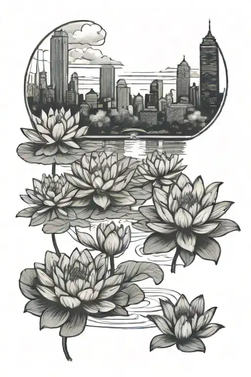 A serene garden with SZA and Charlotte NC skyline in the background, with Monet-inspired water lilies tattoo design idea