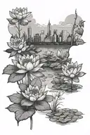 A serene garden with SZA and Charlotte NC skyline in the background, with Monet-inspired water lilies tattoo design idea