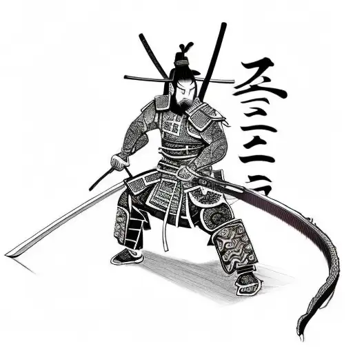a samurai drawing a katana with a dragon in the background tattoo design idea