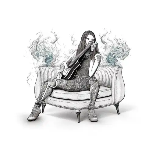 sitting witch with a guitar under one leg, smoking, gin glass, big nose tattoo design idea