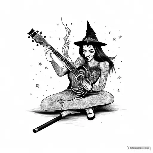 sitting witch with a guitar under one leg, smoking, gin glass, big nose tattoo design idea