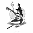 sitting witch with a guitar under one leg, smoking, gin glass, big nose tattoo design idea