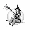 sitting witch with a guitar under one leg, smoking, gin glass, big nose tattoo design idea