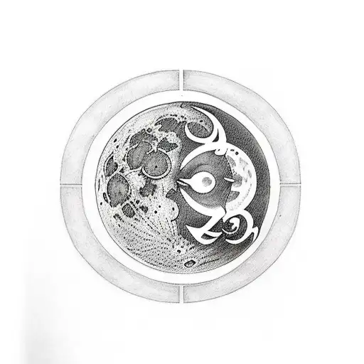 A mesmerizing black and grey tattoo of the moon surrounded by tarot symbols and lyrics written in a stylish font tattoo design idea