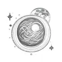 A mesmerizing black and grey tattoo of the moon surrounded by tarot symbols and lyrics written in a stylish font tattoo design idea