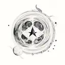 A mesmerizing black and grey tattoo of the moon surrounded by tarot symbols and lyrics written in a stylish font tattoo design idea