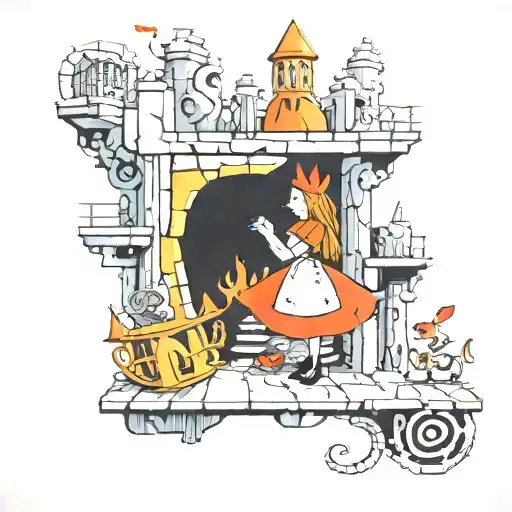 A whimsical tattoo of Alice in Wonderland exploring a brutalist architecture-inspired wonderland, with hints of rock music elements incorporated into the design tattoo design idea