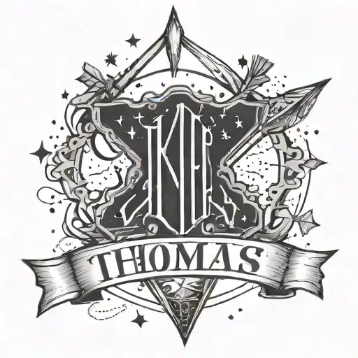 the name Thomas written in script surrounded by stars ans underlined with an arrow tattoo design idea