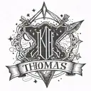 the name Thomas written in script surrounded by stars ans underlined with an arrow tattoo design idea