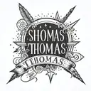 the name Thomas written in script surrounded by stars ans underlined with an arrow tattoo design idea