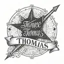 the name Thomas written in script surrounded by stars ans underlined with an arrow tattoo design idea