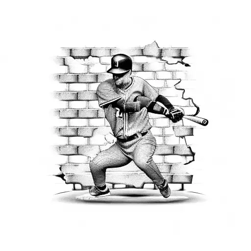 A blackwork tattoo of a baseball breaking through a brick wall tattoo design idea