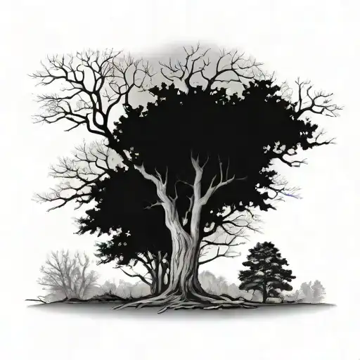 a leafless tree standing out in a forest full of full trees tattoo design idea