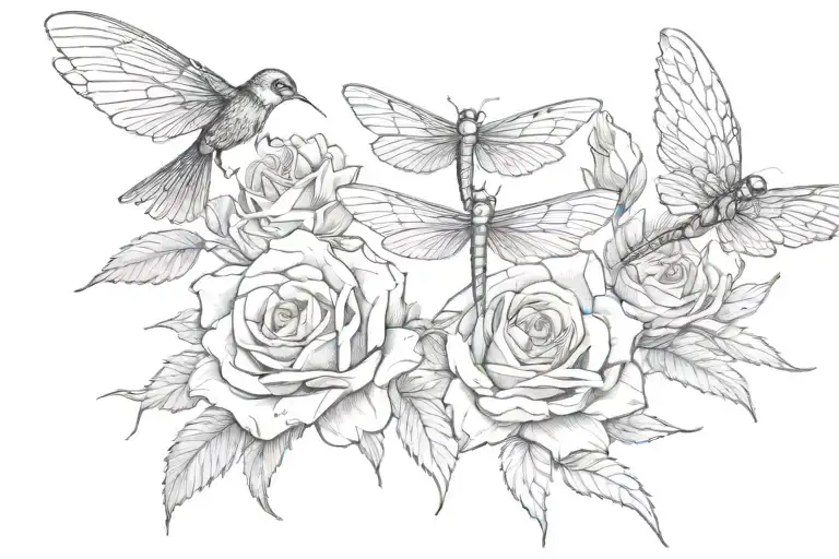 two swallows a rose three dragonflies tattoo design idea