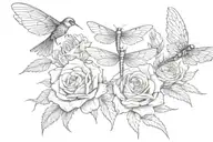 two swallows a rose three dragonflies tattoo design idea