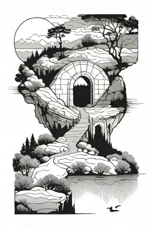 misty small grasst mountains, lake with large concrete bridge, disiduous trees at the bottom. circular walk route tattoo design idea