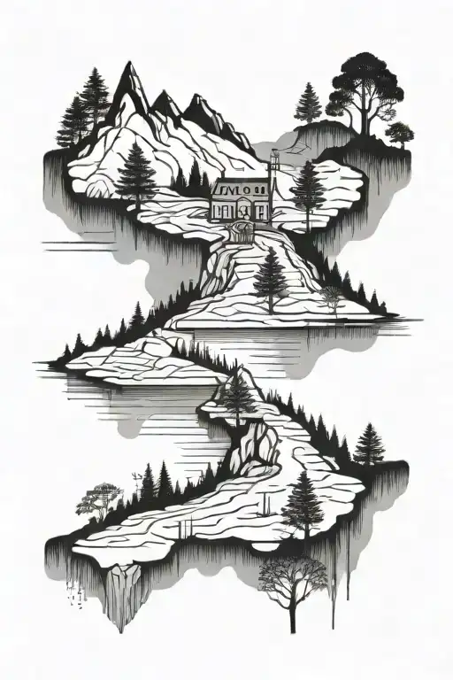 misty small mountains at the top, lake with large concrete dam in the middle, disiduous trees at the bottom. walk route tattoo design idea