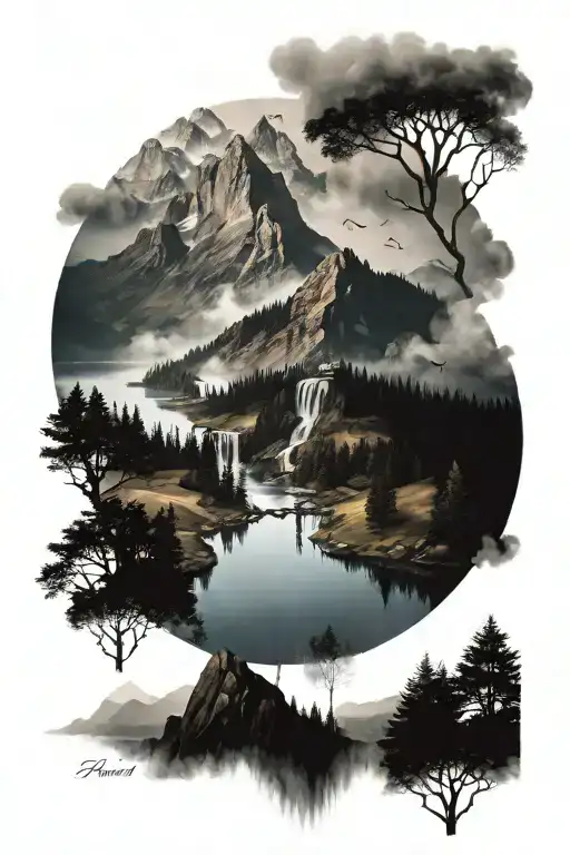 misty mountains at the top, a lake with a dam in the middle, mixed disiduous trees and a walk route winding through tattoo design idea