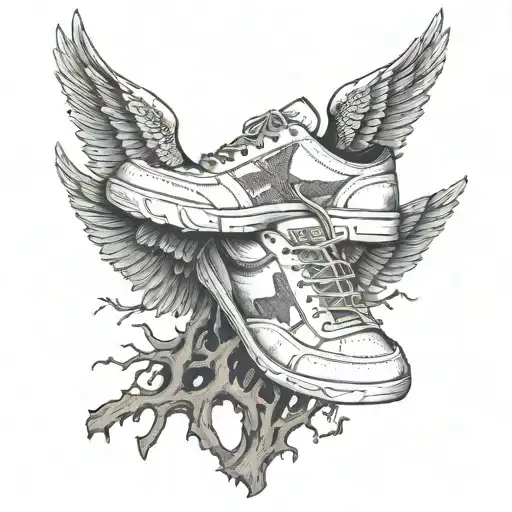 cross wings spread on top of a shoe with roots reaching deep tattoo design idea