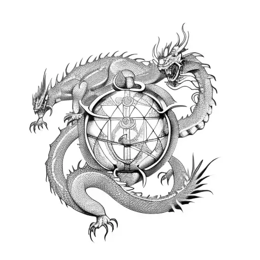 A fierce dragon coiling around a traditional Chinese armillary sphere tattoo design idea