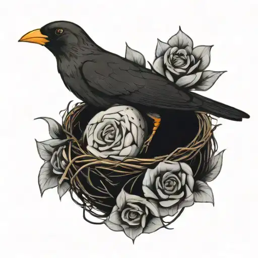 Mother Female Blackbird in a nest. Protecting four eggs. Roses in the nest. Hearts. tattoo design idea