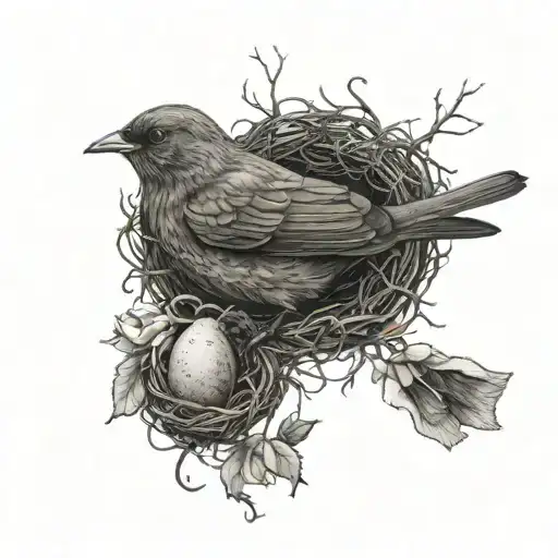Female Blackbird with black/grey beak in a nest protecting four eggs. Roses and hearts. tattoo design idea