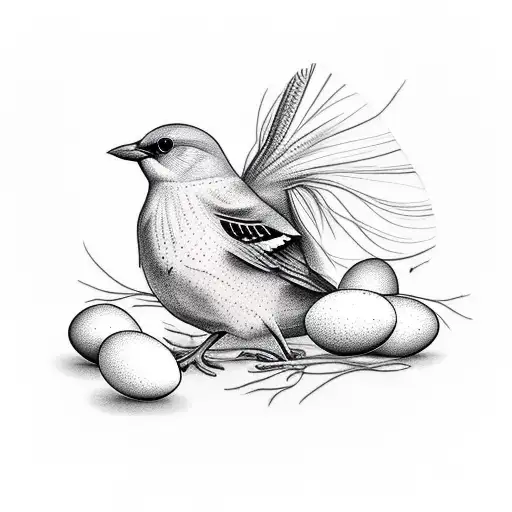 Female blackbird guarding 4 eggs in nest tattoo design idea
