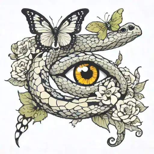 a snake wrapped around an eye with flowers and butterflies tattoo design idea
