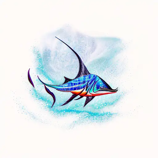 A realistic depiction of a sailfish swimming amidst a school of colorful tropical fish tattoo design idea