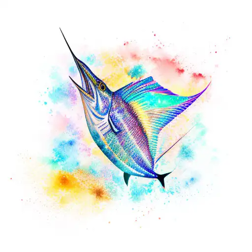 An abstract representation of a sailfish made up of watercolor strokes with a backdrop of a golden sunset tattoo design idea